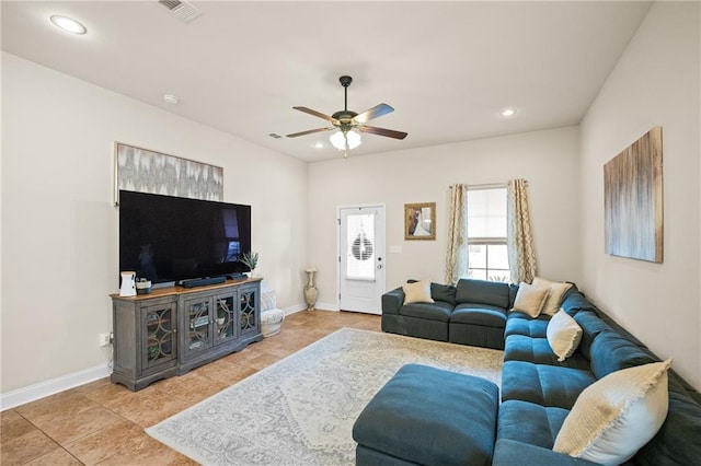 tiled living room with baseboards, visible vents, ceiling fan, and recessed lighting