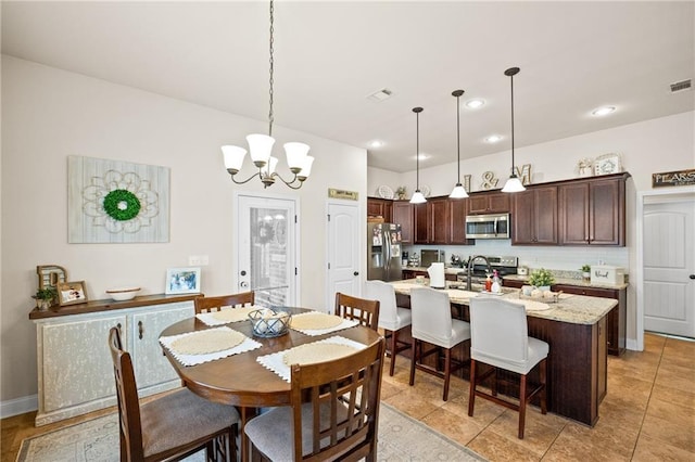 dining space featuring light tile patterned floors, recessed lighting, visible vents, an inviting chandelier, and baseboards