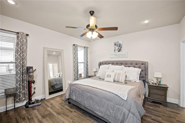 bedroom featuring recessed lighting, wood finished floors, a ceiling fan, and baseboards