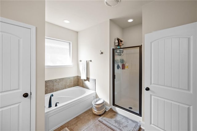 bathroom featuring tile patterned flooring, a garden tub, recessed lighting, visible vents, and a stall shower