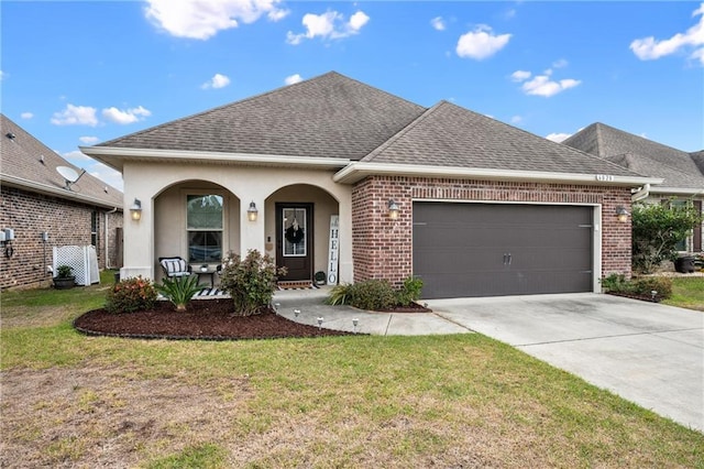 view of front of home featuring an attached garage, covered porch, a shingled roof, brick siding, and driveway