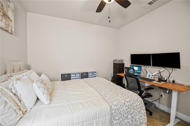 bedroom featuring a ceiling fan, carpet, visible vents, and baseboards