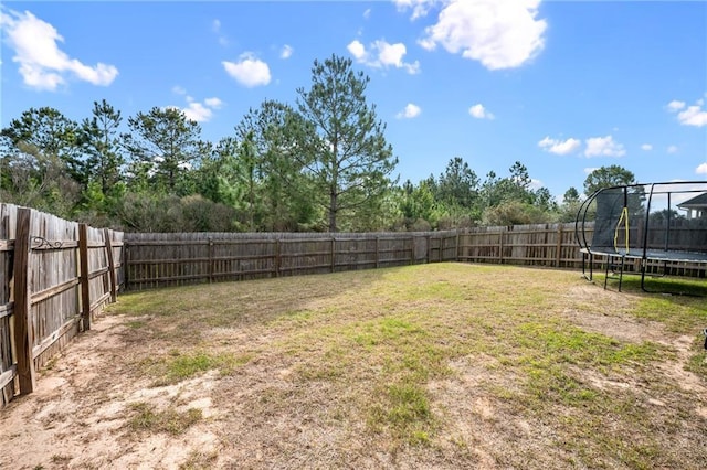 view of yard with a fenced backyard and a trampoline