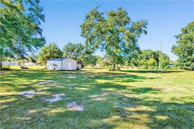 view of yard featuring a storage shed