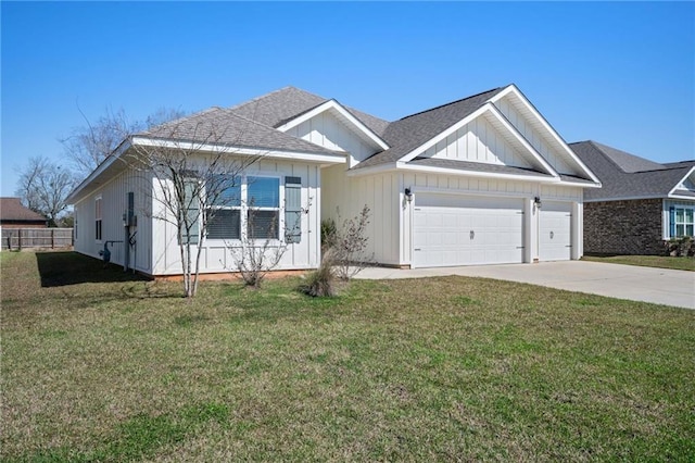 single story home featuring a garage, concrete driveway, roof with shingles, and a front yard