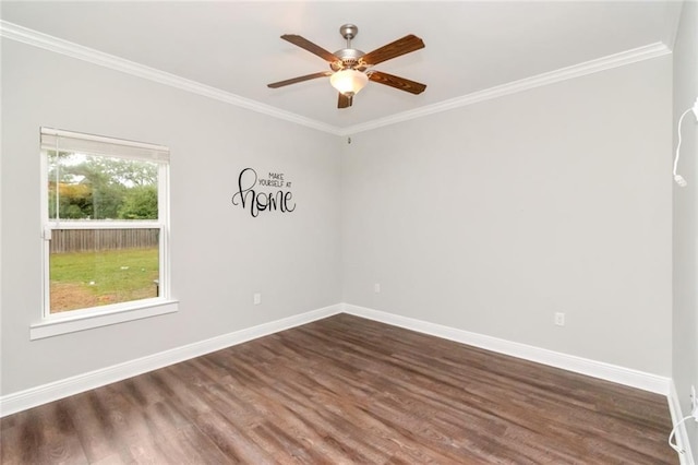 unfurnished room featuring ceiling fan, crown molding, and dark hardwood / wood-style flooring