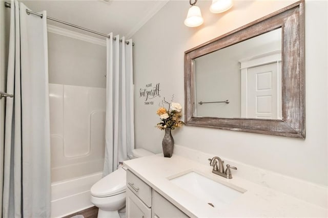 full bathroom with shower / bath combo, toilet, vanity, and crown molding