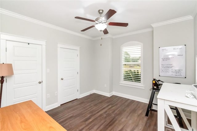 office space featuring dark hardwood / wood-style flooring, ceiling fan, and crown molding