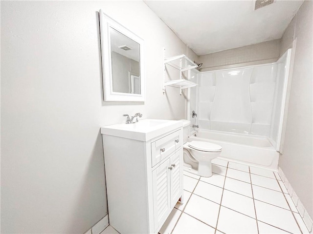 bathroom featuring visible vents, toilet, tile patterned floors, vanity, and shower / washtub combination