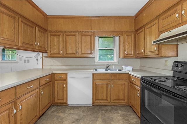 1259 Marietta Dr W, Mobile, AL 36618 - kitchen with dishwasher, black electric range oven, under cabinet range hood, brown cabinetry, and plenty of natural light