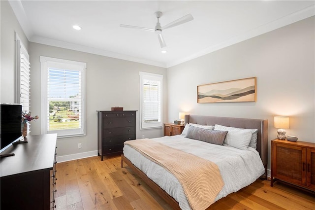313 Cuban Lilly Dr, Fairhope, AL 36532 - bedroom with light wood finished floors, ornamental molding, baseboards, recessed lighting, and ceiling fan