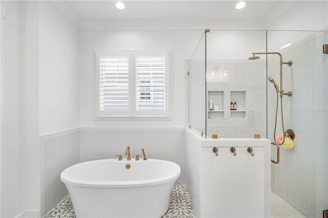 313 Cuban Lilly Dr, Fairhope, AL 36532 - full bathroom featuring a stall shower, tile walls, a freestanding bath, and recessed lighting