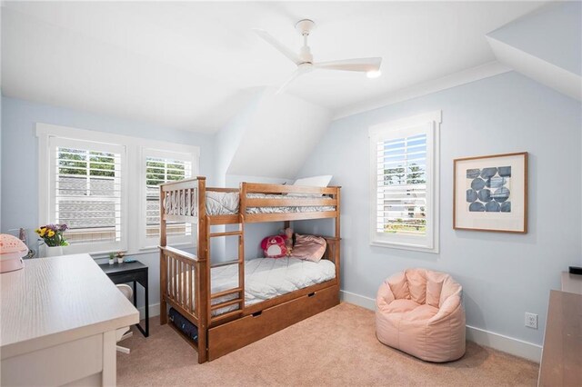313 Cuban Lilly Dr, Fairhope, AL 36532 - carpeted bedroom featuring multiple windows, lofted ceiling, baseboards, and ceiling fan