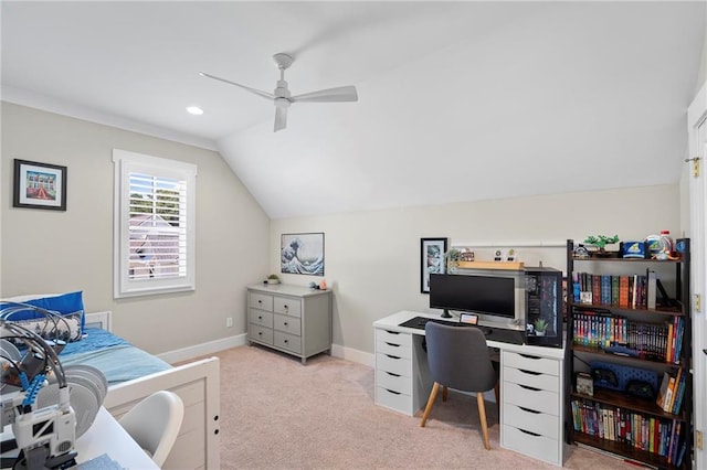 313 Cuban Lilly Dr, Fairhope, AL 36532 - office space featuring ceiling fan, vaulted ceiling, baseboards, light colored carpet, and recessed lighting