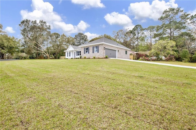 single story home with a garage and a front lawn