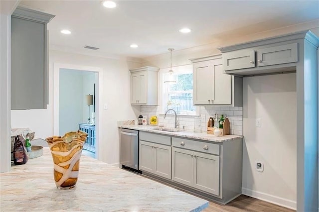 kitchen with gray cabinetry, decorative backsplash, sink, and stainless steel dishwasher