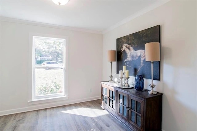 interior details with wood-type flooring and ornamental molding