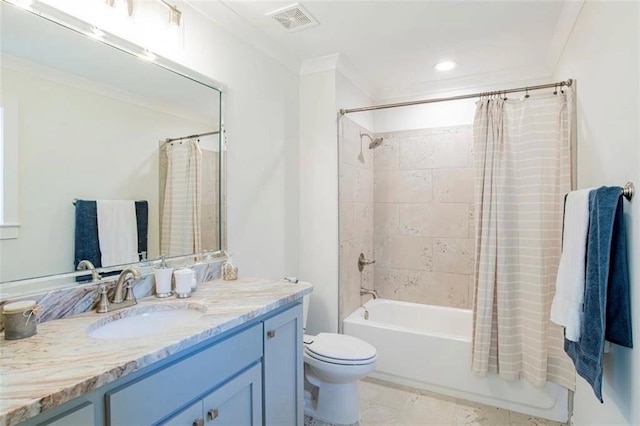 full bathroom with vanity, shower / bath combination with curtain, ornamental molding, and toilet