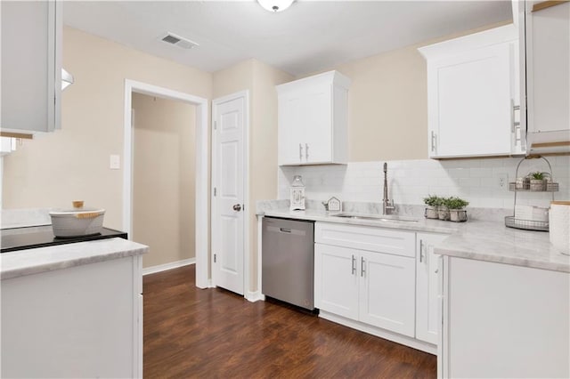 kitchen featuring stainless steel dishwasher, a sink, and white cabinets