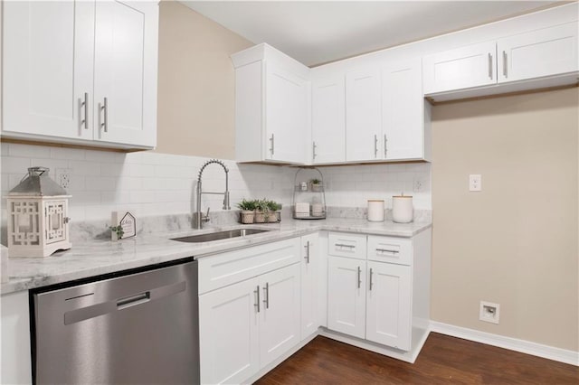 kitchen featuring a sink, light stone countertops, white cabinets, and stainless steel dishwasher