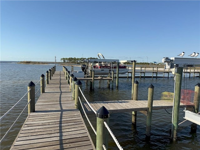 view of dock featuring boat lift and a water view