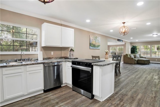 kitchen with white cabinetry, electric range oven, stainless steel dishwasher, and sink