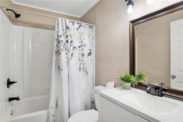 full bathroom with vanity, toilet, and shower / bath combo with shower curtain