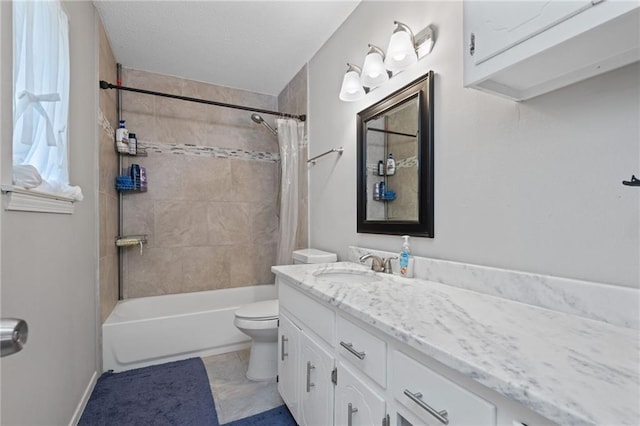 full bathroom featuring vanity, shower / tub combo, and toilet