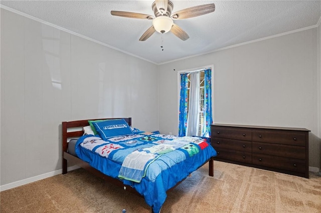 bedroom featuring a textured ceiling, light colored carpet, ceiling fan, and crown molding