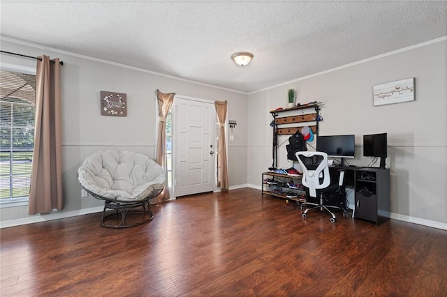 office area with crown molding, dark hardwood / wood-style floors, and a textured ceiling