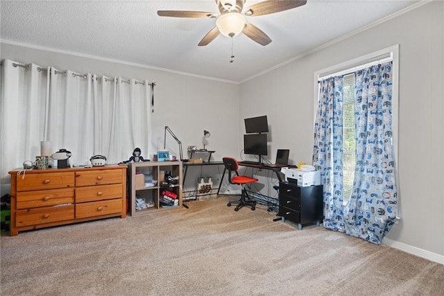 carpeted office with ceiling fan, ornamental molding, and a textured ceiling