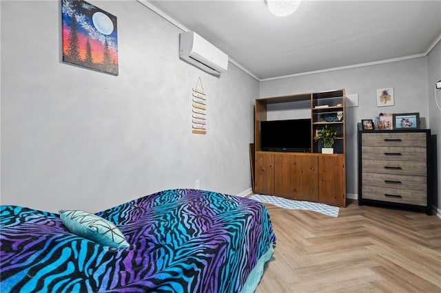 bedroom featuring parquet flooring, crown molding, and a wall unit AC