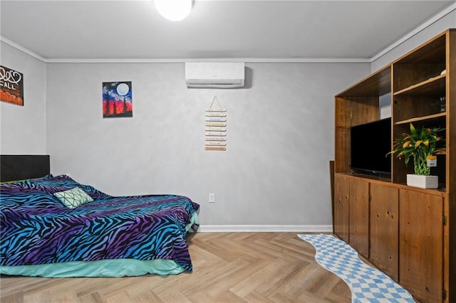 bedroom featuring an AC wall unit, parquet floors, and crown molding