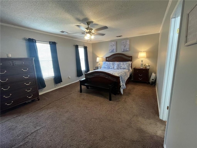 bedroom with visible vents, ceiling fan, ornamental molding, a textured ceiling, and dark colored carpet