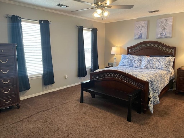 carpeted bedroom featuring visible vents, multiple windows, and crown molding