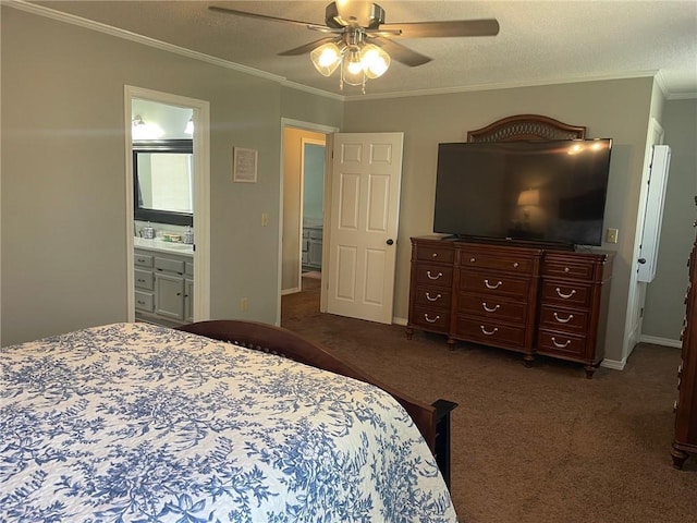 bedroom featuring dark carpet, crown molding, and baseboards