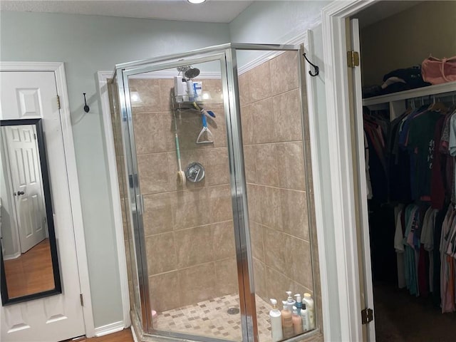 bathroom with a walk in closet and a shower stall