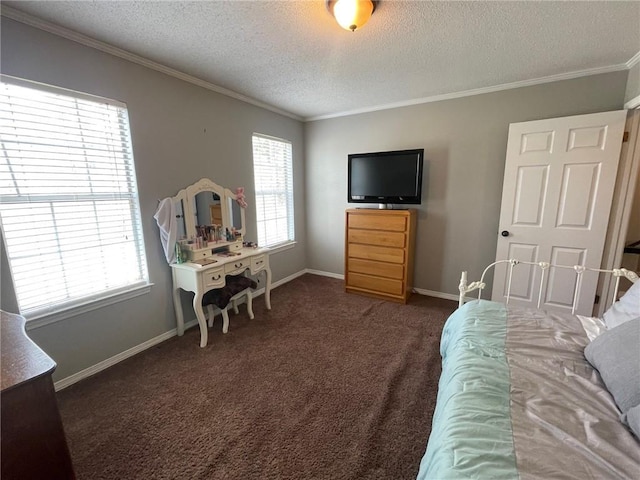 carpeted bedroom featuring a textured ceiling, baseboards, and ornamental molding