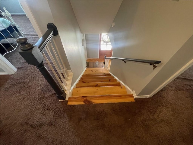 stairway featuring carpet flooring and baseboards