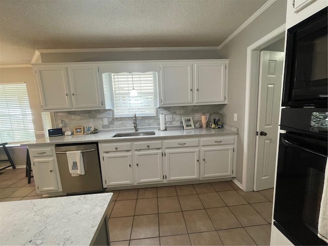 kitchen with black appliances, ornamental molding, a sink, white cabinets, and light tile patterned floors