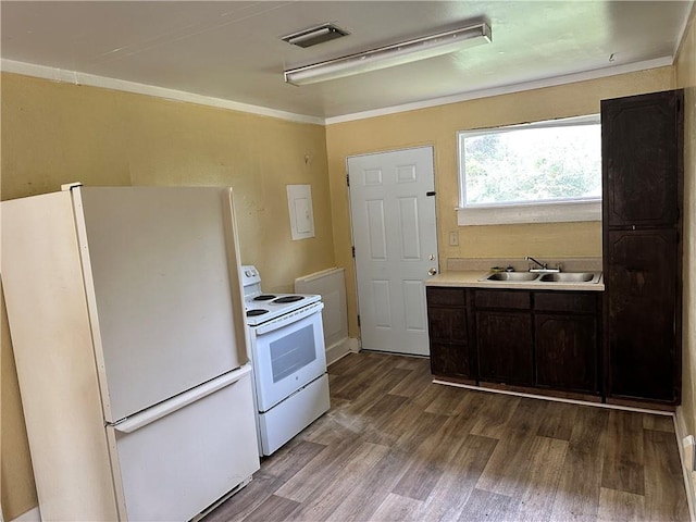 kitchen with white appliances, sink, hardwood / wood-style flooring, ornamental molding, and dark brown cabinetry