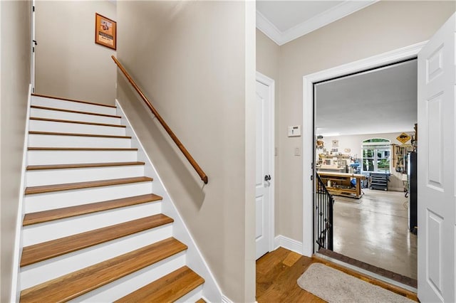 10188 Rosewood Ln, Daphne, AL 36526 - stairs featuring crown molding, baseboards, and wood finished floors