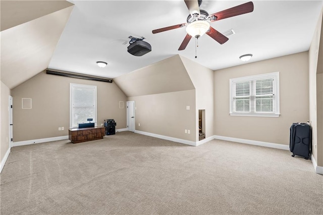10188 Rosewood Ln, Daphne, AL 36526 - bonus room with light colored carpet, baseboards, lofted ceiling, and a ceiling fan
