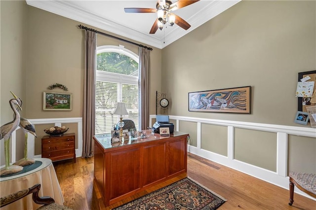 10188 Rosewood Ln, Daphne, AL 36526 - office space featuring crown molding, ceiling fan, and light wood-type flooring
