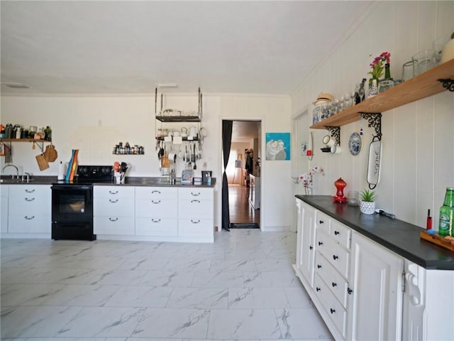 kitchen featuring sink, white cabinets, crown molding, and black electric range oven