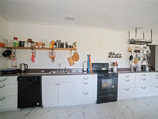 kitchen with black appliances, white cabinets, ornamental molding, and sink