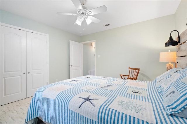 bedroom with ceiling fan and a closet