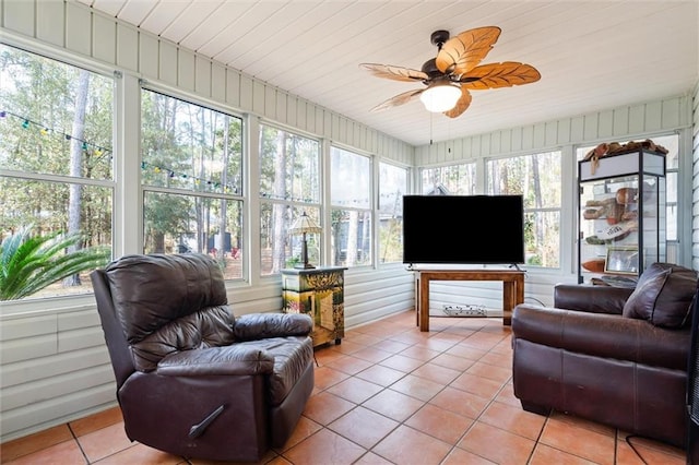 sunroom / solarium featuring wood ceiling and ceiling fan