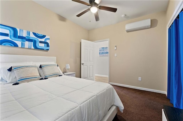 bedroom with a wall unit AC, ceiling fan, and carpet flooring