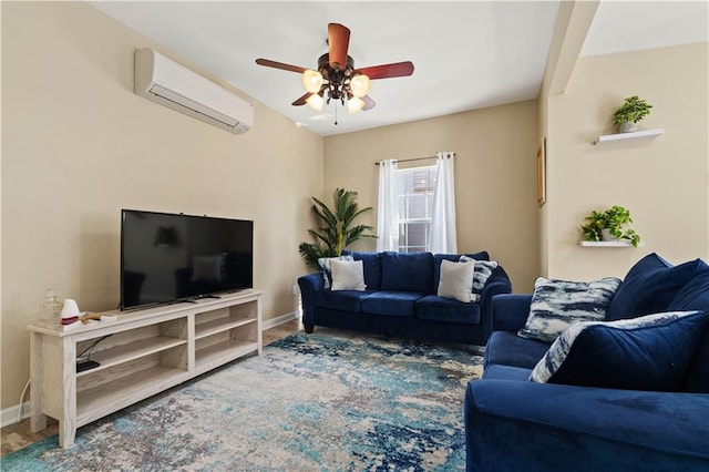 living room with ceiling fan and a wall unit AC